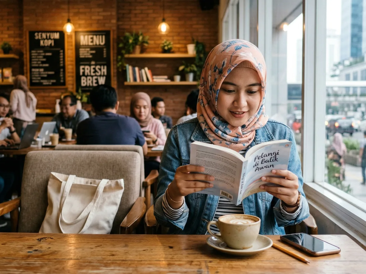Seorang wanita berhijab yang mengenakan jaket denim tampak tersenyum manis saat membaca buku berjudul 'Pelangi di Balik Awan' di sebuah kafe, dengan secangkir kopi hangat di atas meja kayu di depannya.