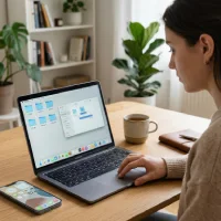 Gambar seorang wanita di ruang kerja minimalis yang terang, mengorganisir file digital di laptop Macbook-nya, dengan smartphone layar bersih di dekatnya, mencerminkan praktik digital decluttering untuk ketenangan mental dan self-care modern.