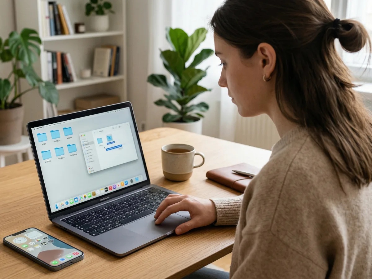 Gambar seorang wanita di ruang kerja minimalis yang terang, mengorganisir file digital di laptop Macbook-nya, dengan smartphone layar bersih di dekatnya, mencerminkan praktik digital decluttering untuk ketenangan mental dan self-care modern.