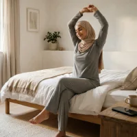Seorang wanita berhijab sedang duduk di tepi tempat tidur sambil melakukan peregangan ringan di pagi hari. Di meja nakas terdekat, sebuah ponsel pintar diletakkan tertelungkup di samping secangkir minuman hangat.