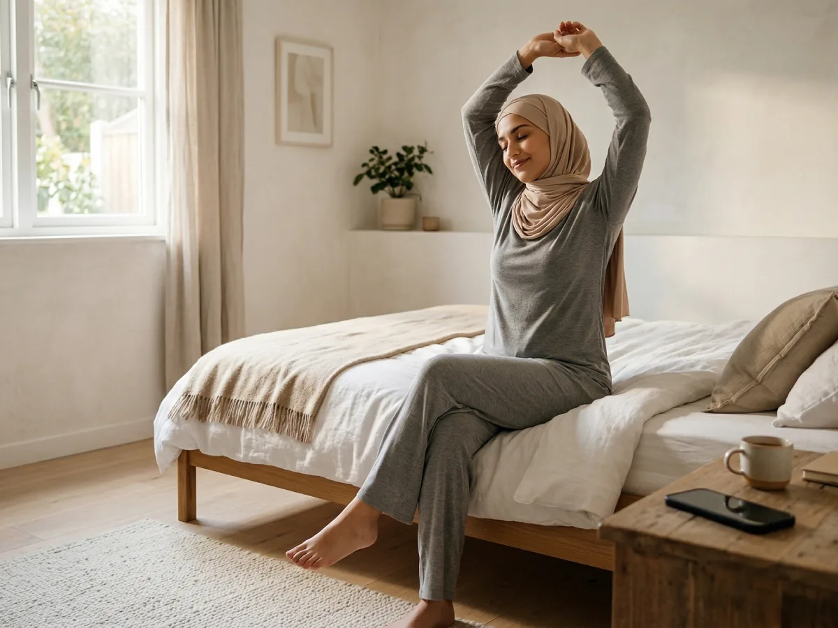 Seorang wanita berhijab sedang duduk di tepi tempat tidur sambil melakukan peregangan ringan di pagi hari. Di meja nakas terdekat, sebuah ponsel pintar diletakkan tertelungkup di samping secangkir minuman hangat.