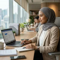 Perempuan profesional berhijab yang sedang bekerja dengan fokus dan percaya diri di depan laptop di kantor modern.