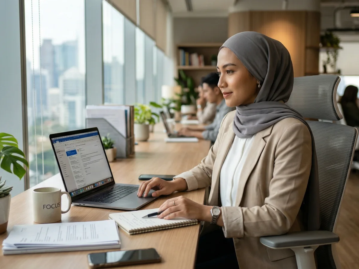 Perempuan profesional berhijab yang sedang bekerja dengan fokus dan percaya diri di depan laptop di kantor modern.