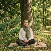 Seorang wanita muda Muslim berhijab duduk bersila dengan mata tertutup dalam posisi meditasi di bawah pohon besar di hutan yang diterangi matahari, di atas matras anyaman dengan botol air dan buku catatan di sebelahnya.