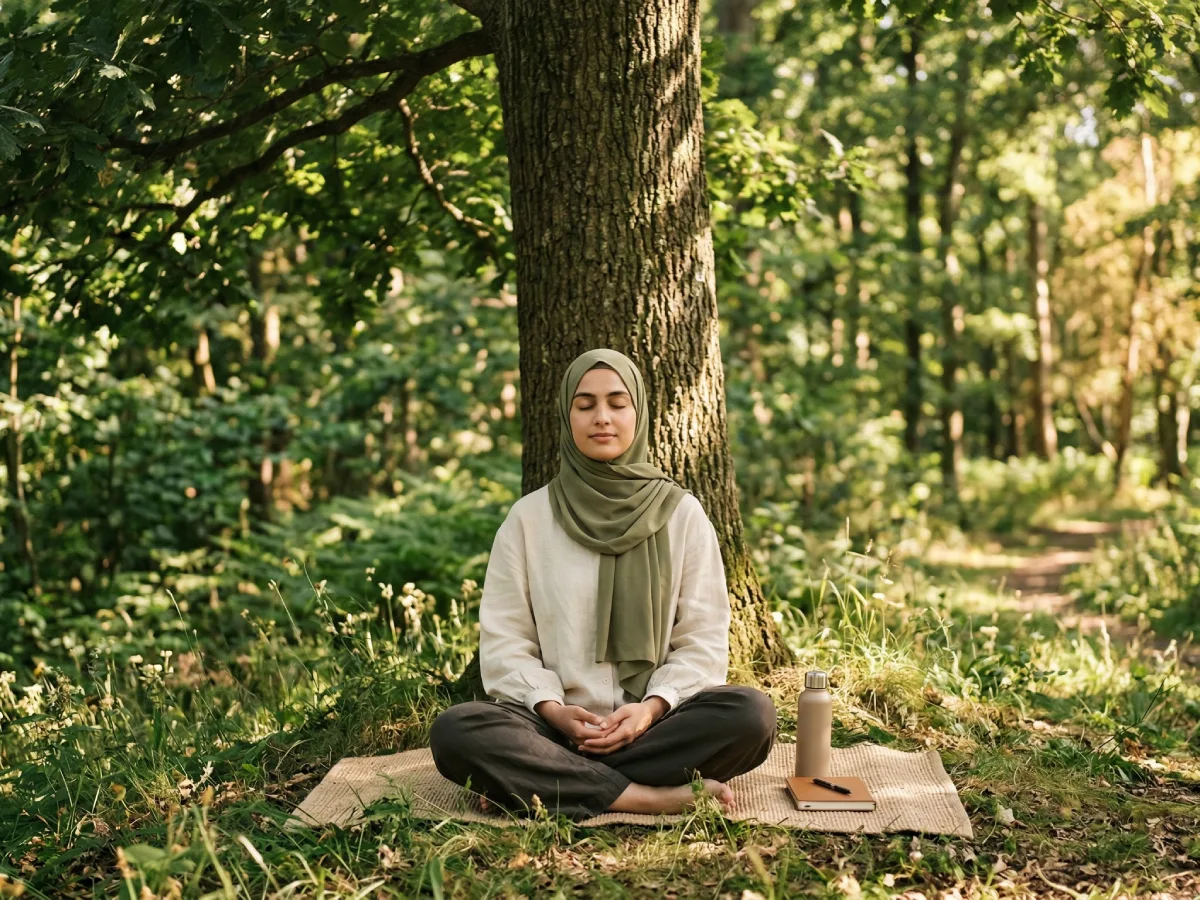 Seorang wanita muda Muslim berhijab duduk bersila dengan mata tertutup dalam posisi meditasi di bawah pohon besar di hutan yang diterangi matahari, di atas matras anyaman dengan botol air dan buku catatan di sebelahnya.