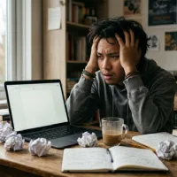 Seorang pemuda tampak frustrasi di depan laptop berlayar kosong, dikelilingi kertas-kertas kusut di meja kerja yang berantakan.