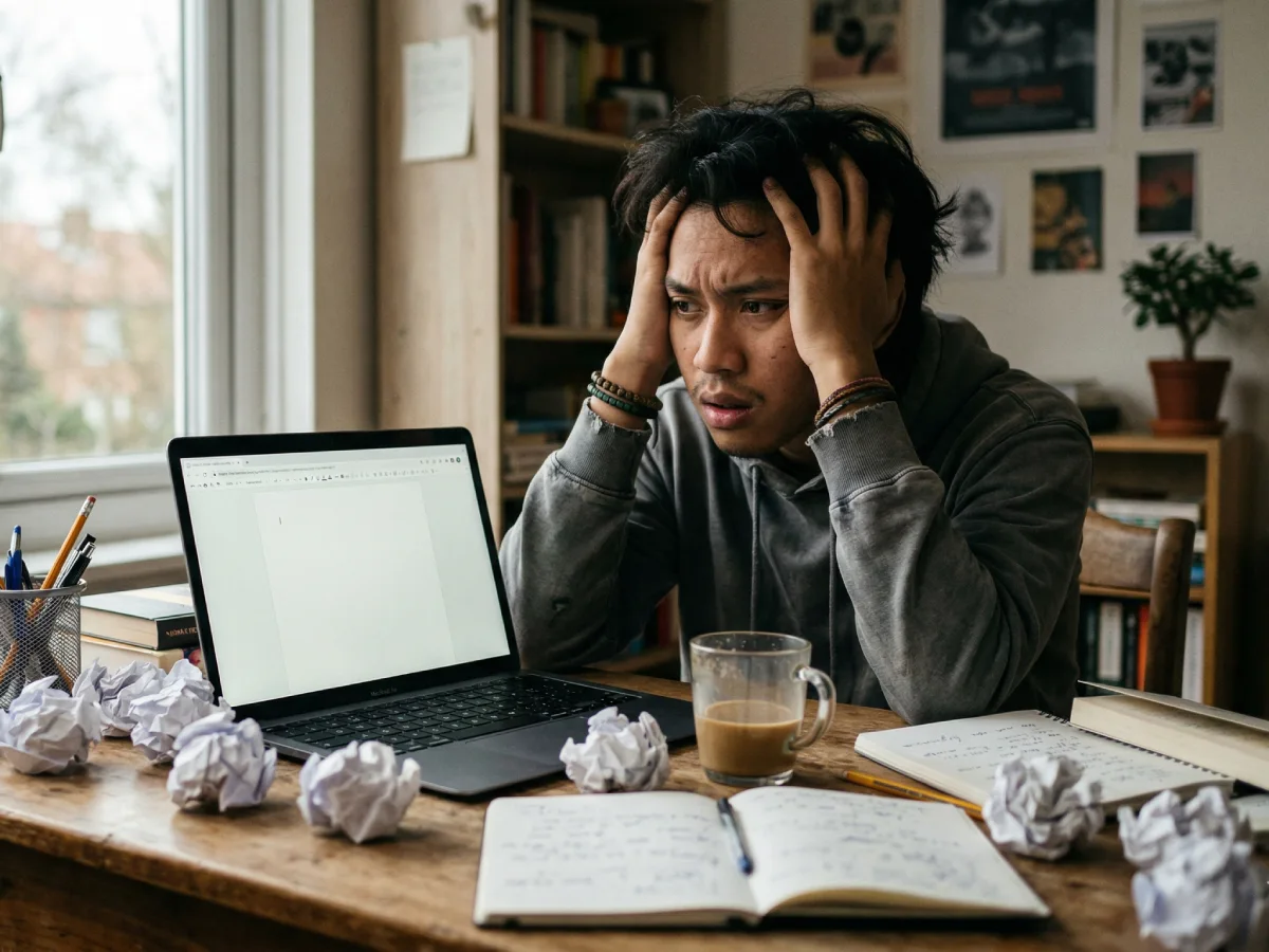Seorang pemuda tampak frustrasi di depan laptop berlayar kosong, dikelilingi kertas-kertas kusut di meja kerja yang berantakan.