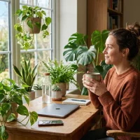 Seorang perempuan beristirahat sejenak sambil minum teh di meja kerjanya yang dikelilingi tanaman hias dan disinari cahaya matahari alami.