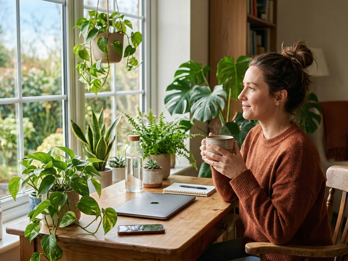Seorang perempuan beristirahat sejenak sambil minum teh di meja kerjanya yang dikelilingi tanaman hias dan disinari cahaya matahari alami.