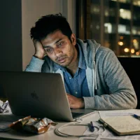 Seorang pekerja kantoran pria terlihat sangat kelelahan menatap layar laptop di meja kerjanya yang berantakan pada larut malam, dikelilingi cangkir kopi kosong dan kertas kusut.