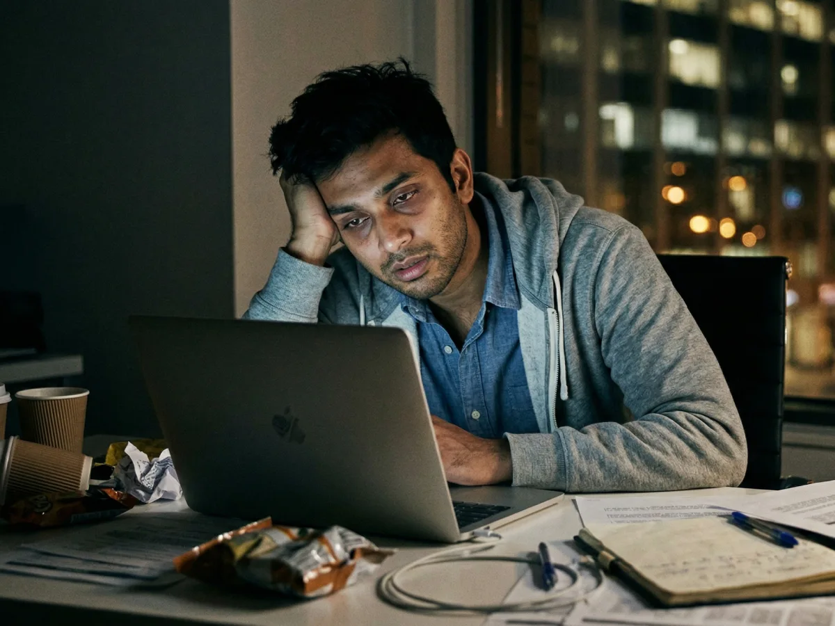 Seorang pekerja kantoran pria terlihat sangat kelelahan menatap layar laptop di meja kerjanya yang berantakan pada larut malam, dikelilingi cangkir kopi kosong dan kertas kusut.