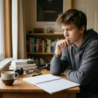 Seorang remaja laki-laki ber-hoodie abu-abu sedang duduk melamun menatap buku catatan kosong di mejanya yang tersorot cahaya dari jendela.