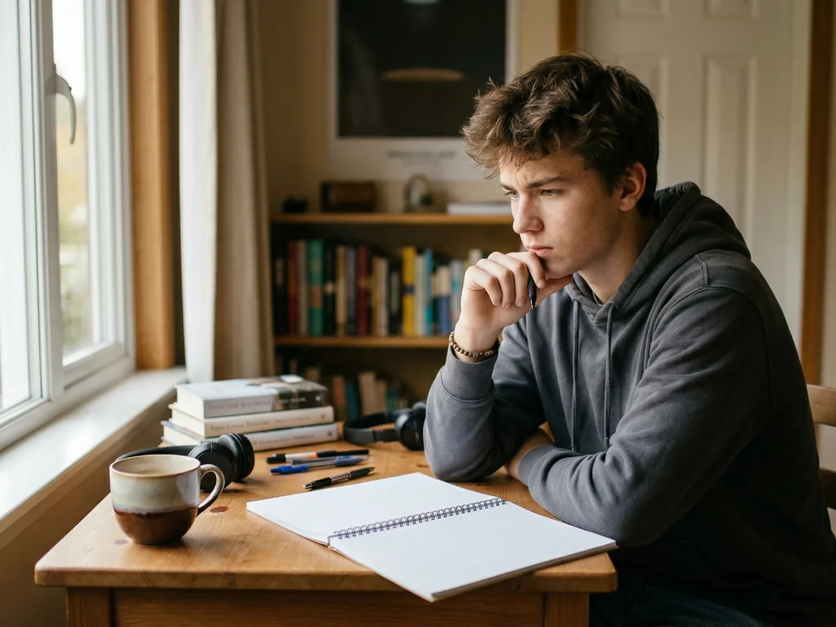 Seorang remaja laki-laki ber-hoodie abu-abu sedang duduk melamun menatap buku catatan kosong di mejanya yang tersorot cahaya dari jendela.