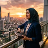 Seorang profesional muda wanita Indonesia berhijab biru tua berdiri di balkon, memegang buku catatan sambil menatap pemandangan kota metropolis saat matahari terbenam dengan ekspresi penuh tekad dan reflektif.