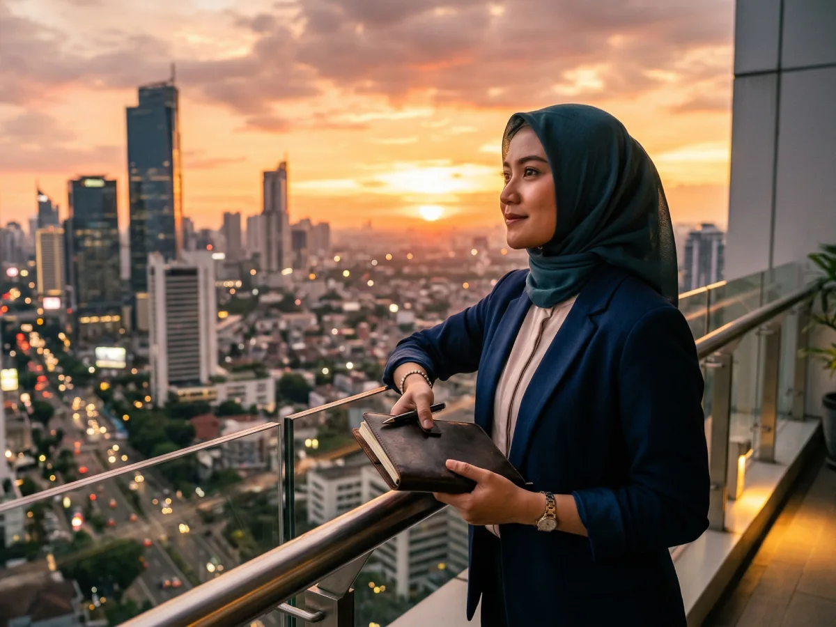 Seorang profesional muda wanita Indonesia berhijab biru tua berdiri di balkon, memegang buku catatan sambil menatap pemandangan kota metropolis saat matahari terbenam dengan ekspresi penuh tekad dan reflektif.
