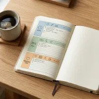 Buku catatan dengan pembagian waktu kerja, istirahat, dan waktu luang di atas meja kayu bersama secangkir kopi.