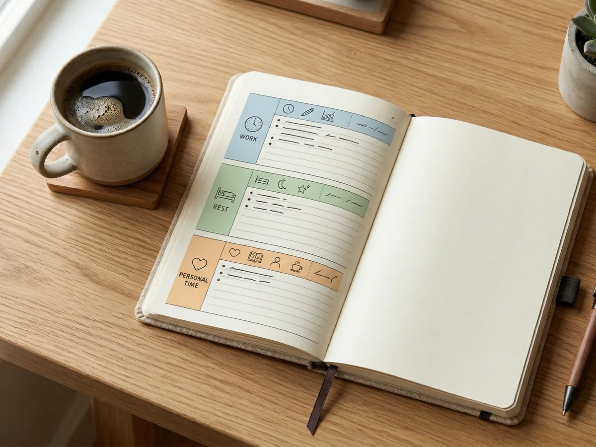 Buku catatan dengan pembagian waktu kerja, istirahat, dan waktu luang di atas meja kayu bersama secangkir kopi.