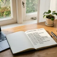 Buku catatan dengan jadwal time blocking harian di atas meja kerja yang rapi, dilengkapi laptop dan secangkir kopi untuk mendukung fokus dan produktivitas.