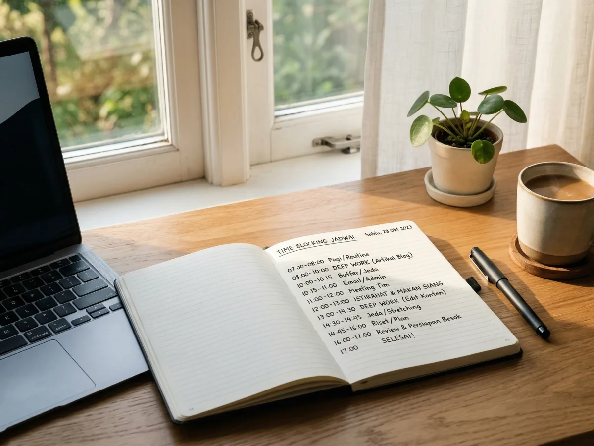 Buku catatan dengan jadwal time blocking harian di atas meja kerja yang rapi, dilengkapi laptop dan secangkir kopi untuk mendukung fokus dan produktivitas.