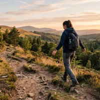 Foto pemandangan alam pada waktu senja, menunjukkan seorang wanita mengenakan jaket biru dan tas ransel berjalan di jalan setapak berbatu yang menanjak di perbukitan. Dia terlihat dari belakang, berjalan menuju lembah luas dan hutan lebat di bawah langit senja yang cerah dengan cahaya keemasan yang hangat. Perbukitan membentang hingga ke cakrawala.