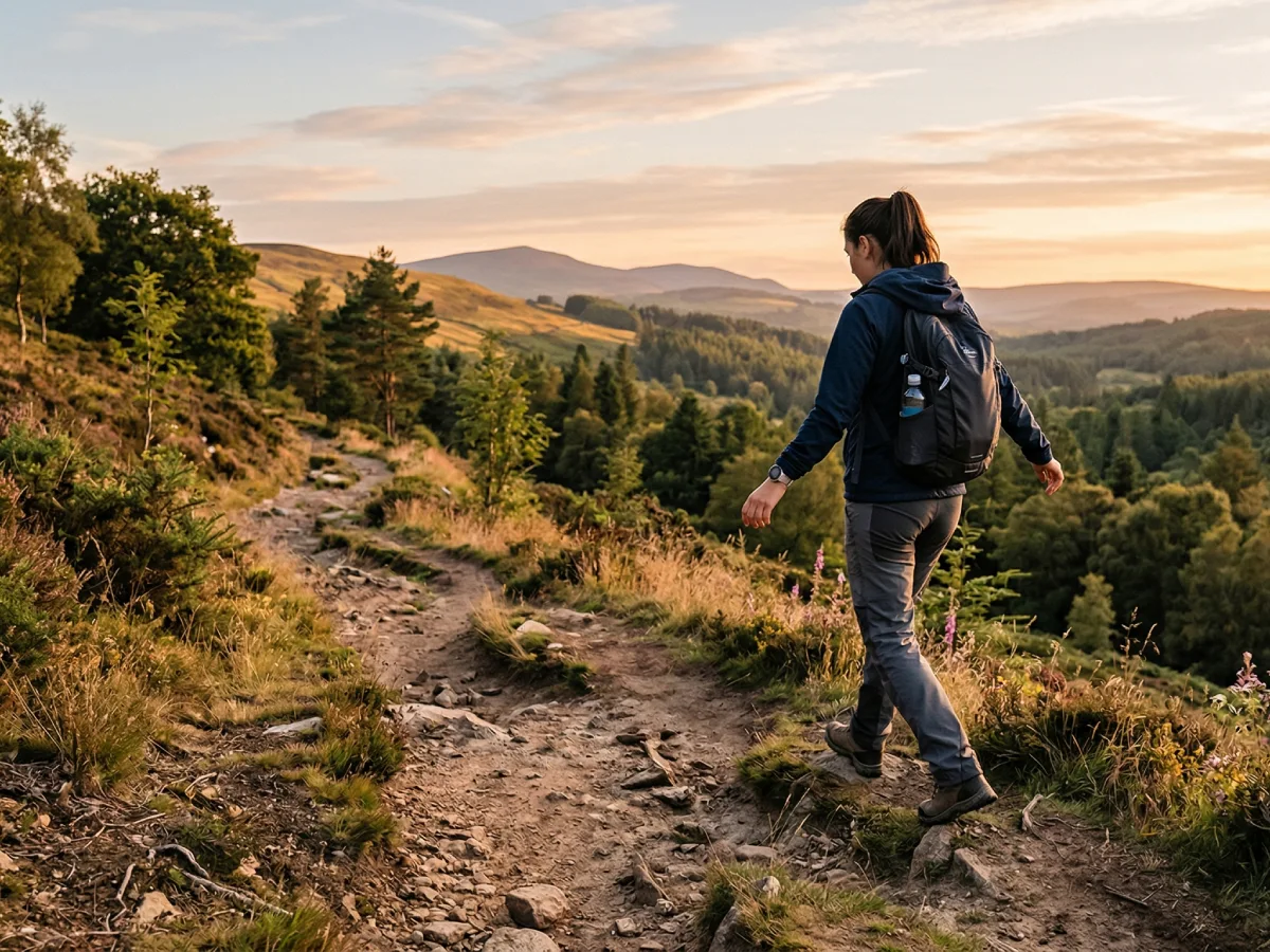 Foto pemandangan alam pada waktu senja, menunjukkan seorang wanita mengenakan jaket biru dan tas ransel berjalan di jalan setapak berbatu yang menanjak di perbukitan. Dia terlihat dari belakang, berjalan menuju lembah luas dan hutan lebat di bawah langit senja yang cerah dengan cahaya keemasan yang hangat. Perbukitan membentang hingga ke cakrawala.