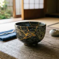 Mangkuk keramik Jepang dengan retakan emas hasil teknik Kintsugi di atas meja kayu.