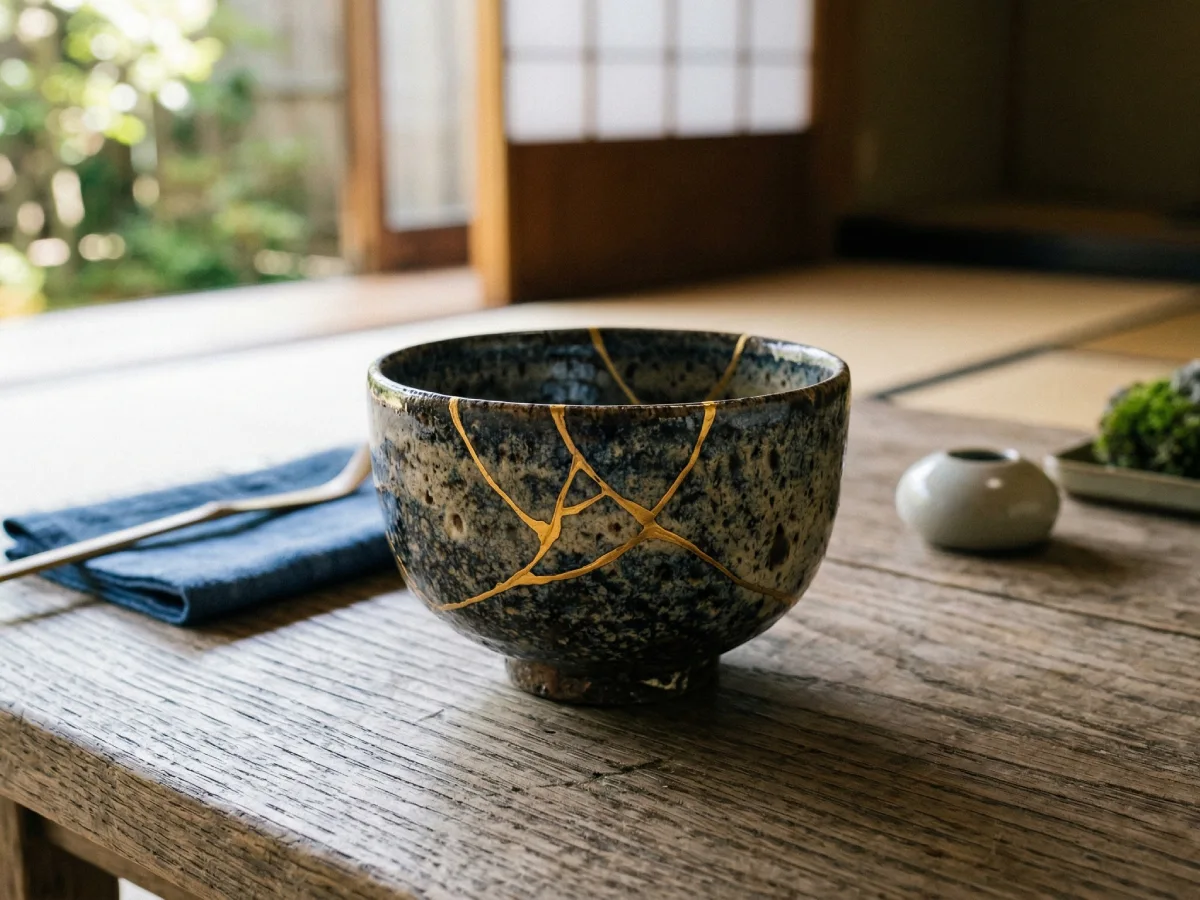 Mangkuk keramik Jepang dengan retakan emas hasil teknik Kintsugi di atas meja kayu.