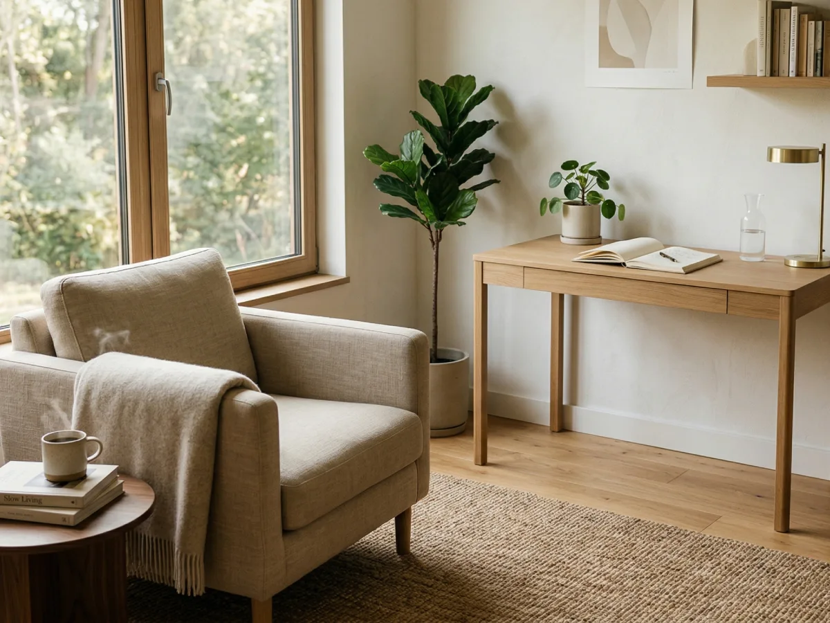 Interior rumah minimalis modern yang disinari cahaya matahari alami dari jendela besar. Terdapat kursi berlengan krem dengan selimut hangat, meja samping berisi secangkir kopi, serta meja kerja kayu yang tertata rapi dengan buku catatan, pena, dan tanaman hias kecil.