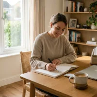 seorang wanita menyusun rencana mingguan di buku planner di meja kerja berdesain modern dan rapi untuk menyambut hari Senin dengan tenang.