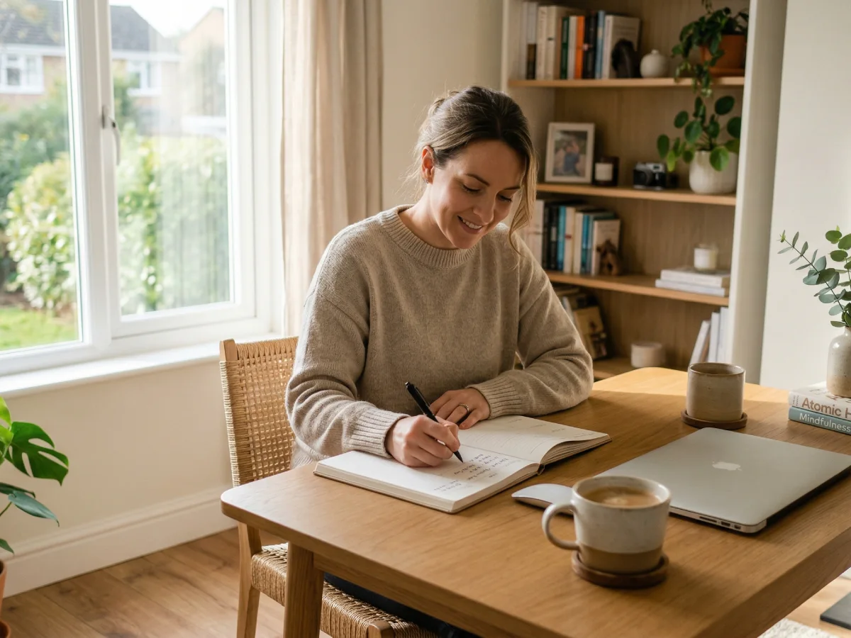 seorang wanita menyusun rencana mingguan di buku planner di meja kerja berdesain modern dan rapi untuk menyambut hari Senin dengan tenang.