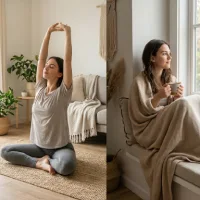 Kolase triptych vertikal menampilkan seorang wanita muda yang damai dalam tiga momen perawatan diri di rumah. Di sebelah kiri, dia menulis di meja di samping jendela. Di tengah, dia meregangkan tubuh dengan mata tertutup di lantai. Di sebelah kanan, dia duduk nyaman di ambang jendela, dibungkus selimut, sambil memegang mug dan menatap ke luar. Gayanya minimalis dan penuh cahaya alami.