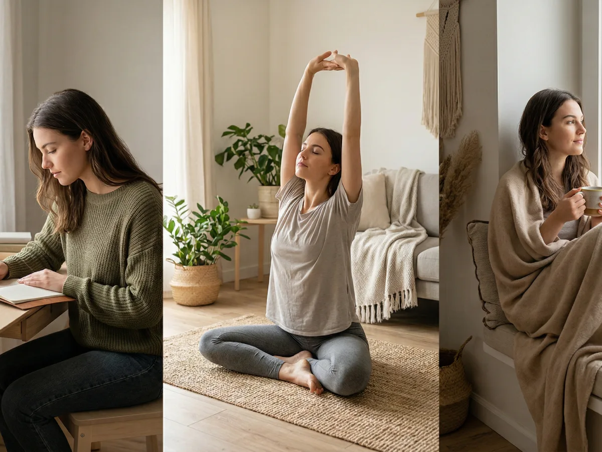 Kolase triptych vertikal menampilkan seorang wanita muda yang damai dalam tiga momen perawatan diri di rumah. Di sebelah kiri, dia menulis di meja di samping jendela. Di tengah, dia meregangkan tubuh dengan mata tertutup di lantai. Di sebelah kanan, dia duduk nyaman di ambang jendela, dibungkus selimut, sambil memegang mug dan menatap ke luar. Gayanya minimalis dan penuh cahaya alami.