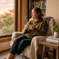 Seorang wanita muda duduk santai di kursi berlengan dekat jendela besar saat jam emas matahari terbenam, memegang cangkir yang mengepul dan melihat ke luar. Di sebelahnya ada meja samping kayu kecil dengan tumpukan buku, termasuk 'Seni Menikmati Keheningan', dan tanaman pot. Suasananya damai dan nyaman, dengan rak buku di latar belakang.
