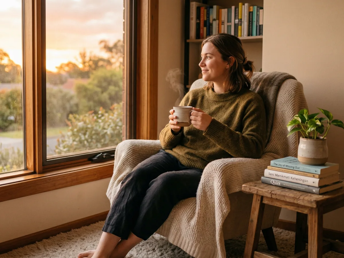 Seorang wanita muda duduk santai di kursi berlengan dekat jendela besar saat jam emas matahari terbenam, memegang cangkir yang mengepul dan melihat ke luar. Di sebelahnya ada meja samping kayu kecil dengan tumpukan buku, termasuk 'Seni Menikmati Keheningan', dan tanaman pot. Suasananya damai dan nyaman, dengan rak buku di latar belakang.
