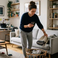 Seorang wanita berpakaian santai sedang merapikan ruang tamu modern yang terang. Ia memegang ponsel di satu tangan untuk mengecek waktu, sementara tangan lainnya menata selimut di atas sofa. Di sekitarnya terdapat meja tamu kayu, keranjang anyaman, dan beberapa barang di atas karpet, menunjukkan proses beres-beres yang praktis.