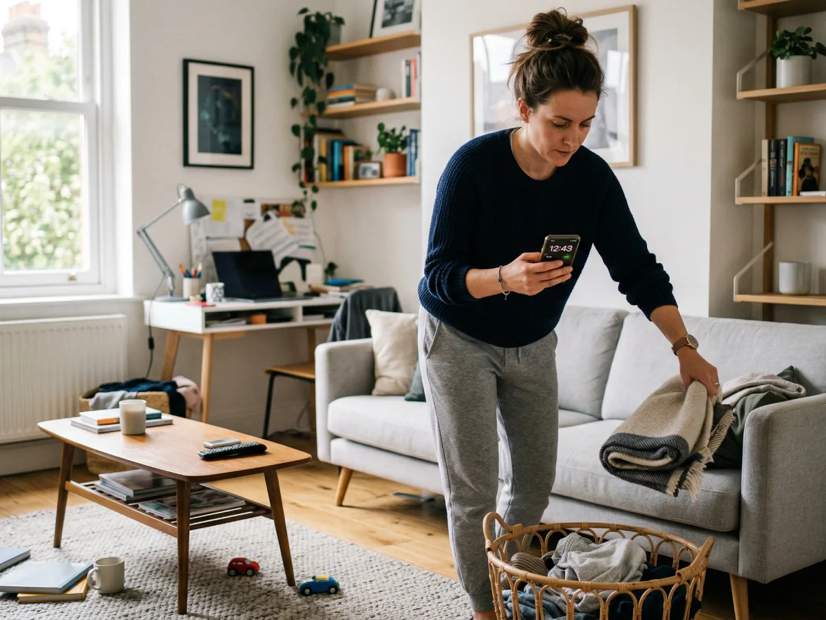 Seorang wanita berpakaian santai sedang merapikan ruang tamu modern yang terang. Ia memegang ponsel di satu tangan untuk mengecek waktu, sementara tangan lainnya menata selimut di atas sofa. Di sekitarnya terdapat meja tamu kayu, keranjang anyaman, dan beberapa barang di atas karpet, menunjukkan proses beres-beres yang praktis.