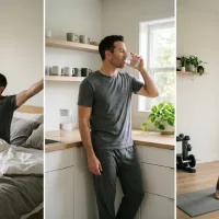 Gambar tiga panel yang menunjukkan urutan rutinitas pagi berkelanjutan dari seorang pria: panel kiri menampilkan ia bangun dan meregangkan badan di kasur, panel tengah menunjukkan ia minum segelas air putih di dapur, dan panel kanan memperlihatkan ia melakukan olahraga peregangan di atas matras.