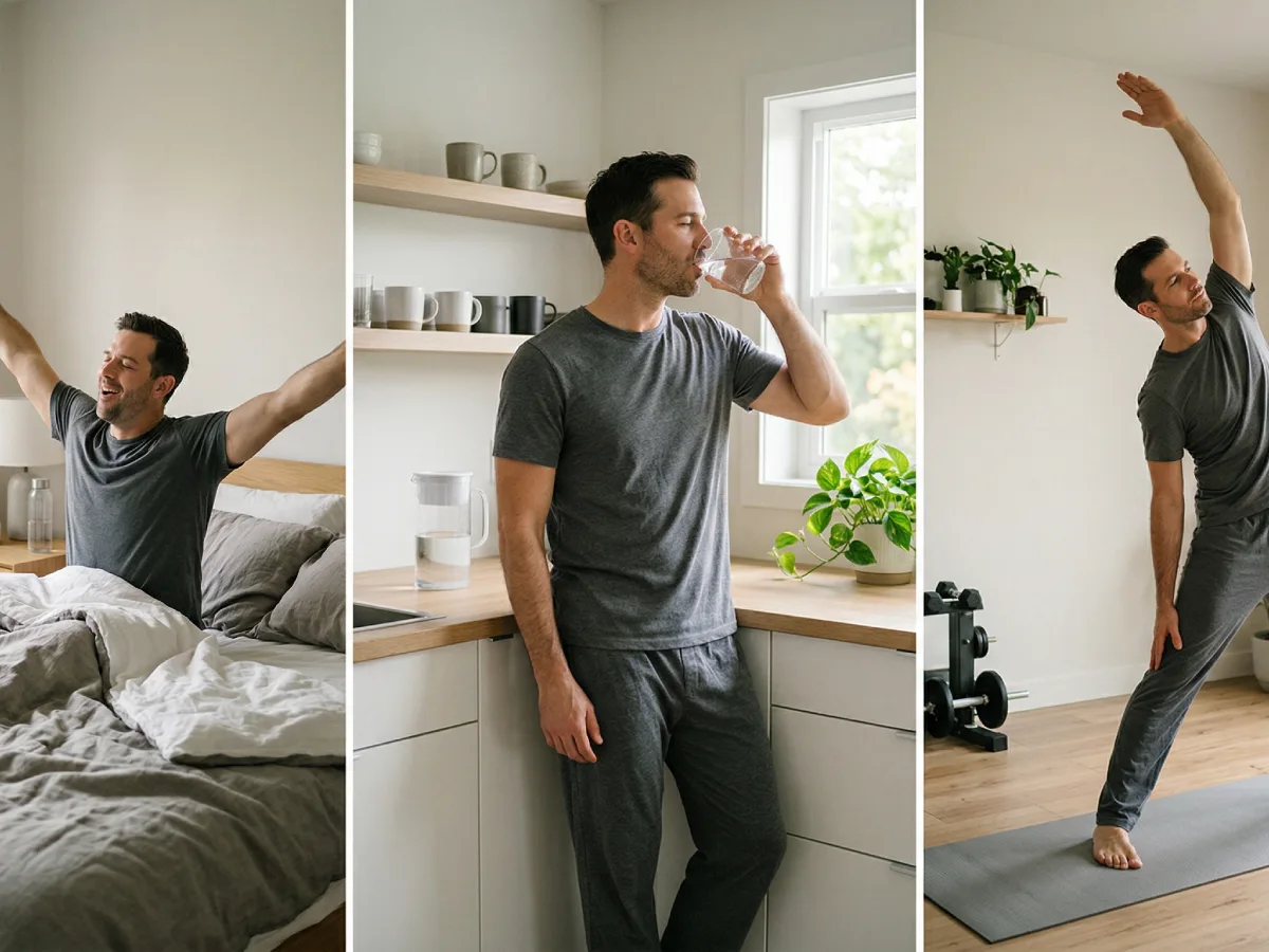 Gambar tiga panel yang menunjukkan urutan rutinitas pagi berkelanjutan dari seorang pria: panel kiri menampilkan ia bangun dan meregangkan badan di kasur, panel tengah menunjukkan ia minum segelas air putih di dapur, dan panel kanan memperlihatkan ia melakukan olahraga peregangan di atas matras.