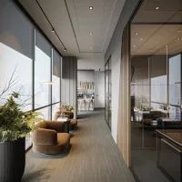 Desain home office minimalis modern dengan dinding kaca, kursi lounge cokelat, tanaman hias, dan pencahayaan alami dari jendela besar.