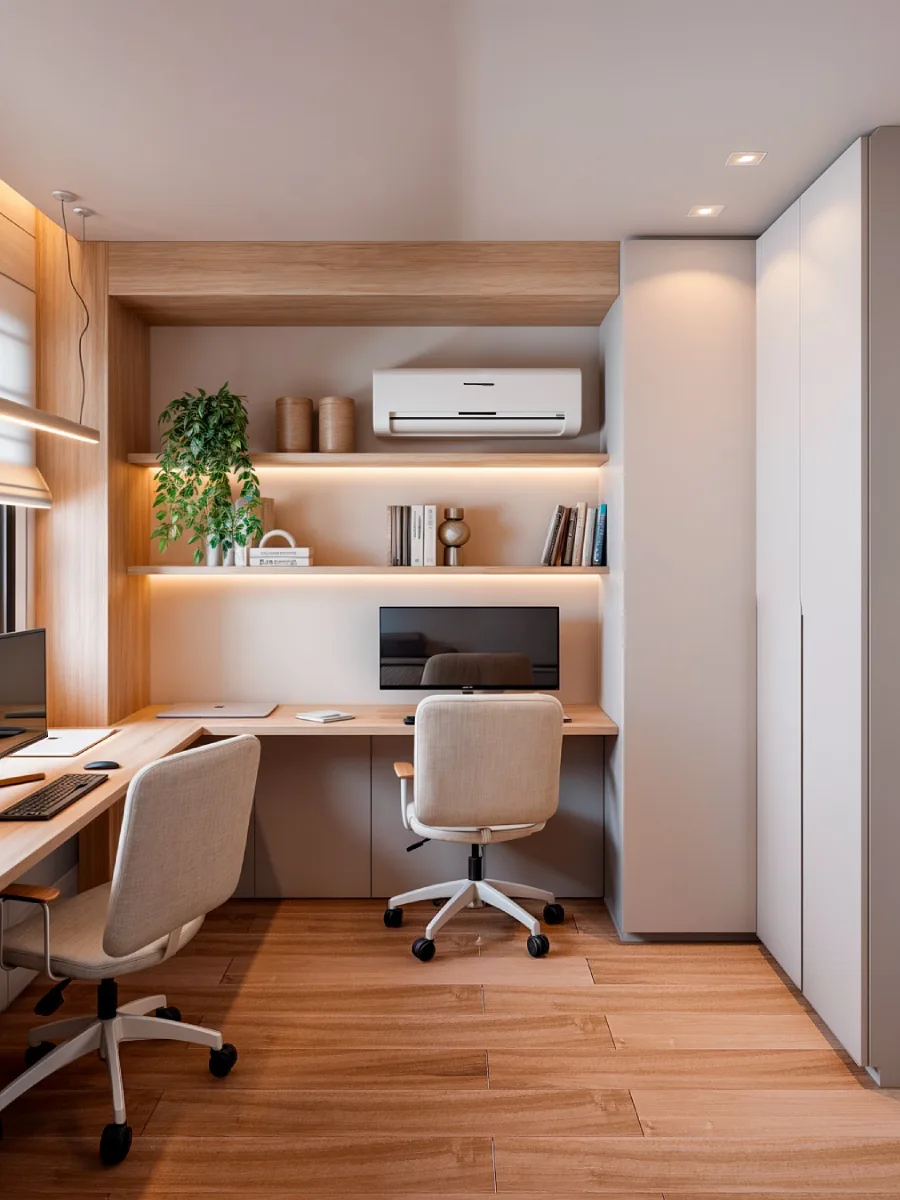 Ruang kerja sudut bergaya Japandi dengan meja L-shape kayu terang, kursi ergonomis krem, rak dinding terbuka dengan lampu LED hangat, dan lemari putih.
