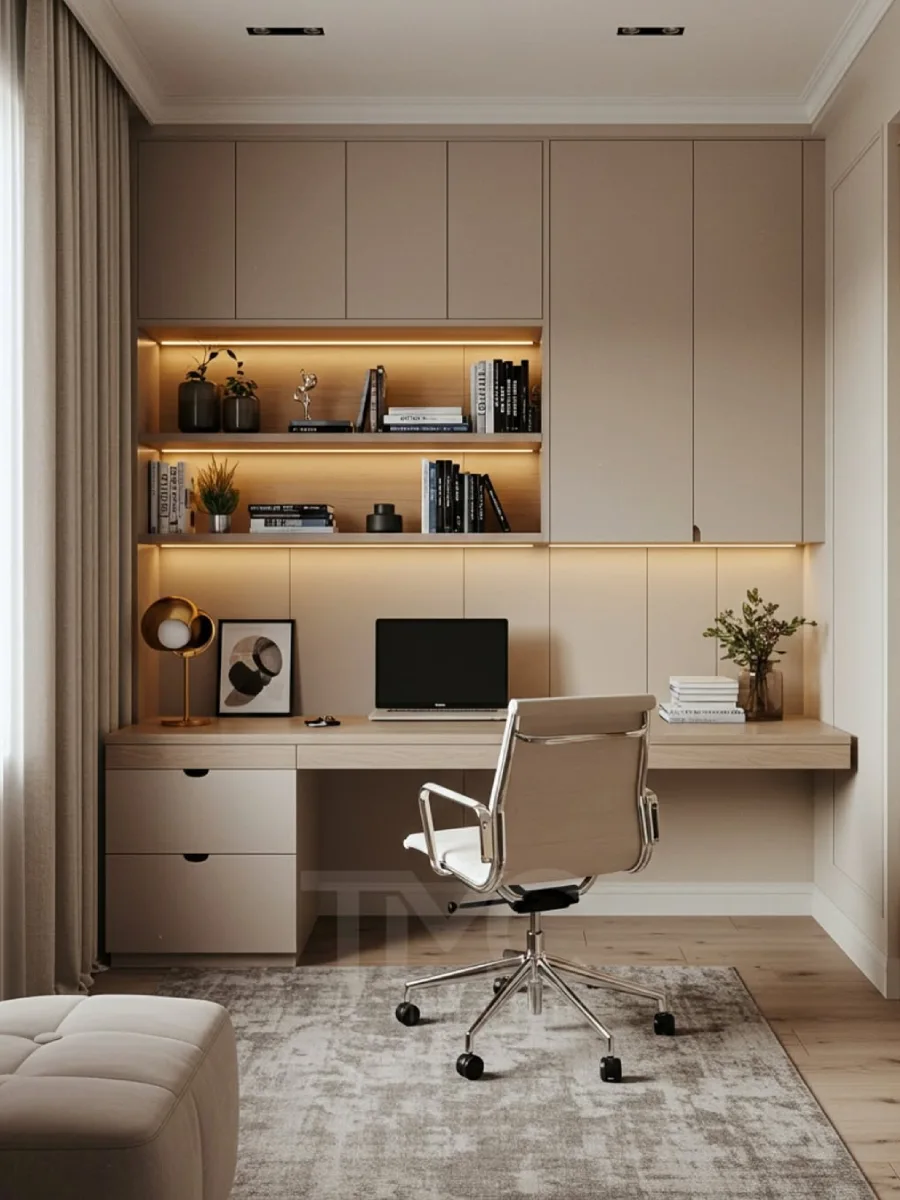 Meja kerja modern bernuansa taupe dengan lemari kabinet built-in hingga plafon, rak buku kayu dengan LED tersembunyi, dan kursi kulit berwarna putih.