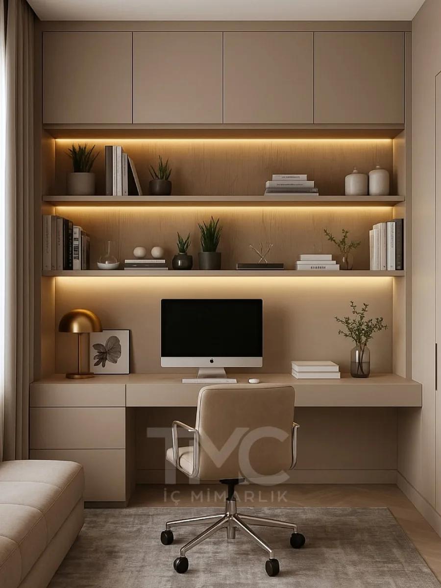 Inspirasi ruang kerja elegan dengan kabinet dinding greige, meja melayang bertekstur kayu, dan pencahayaan LED hangat di bawah rak.