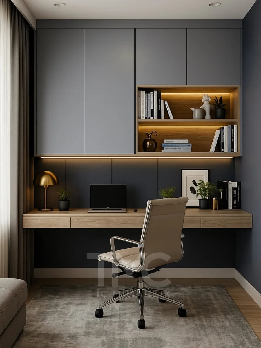 Home office bernuansa maskulin dan elegan dengan dinding abu-abu gelap, meja kayu melayang, kabinet atas abu-abu, dan kursi kerja putih.