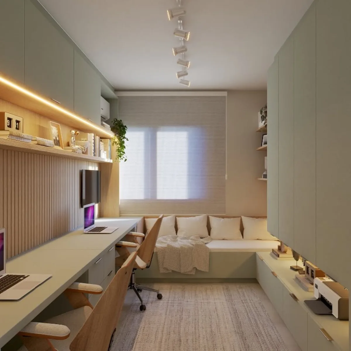 Ruang kerja bersama memanjang dengan meja hijau sage, dua kursi kayu, panel dinding bergaris, dan area sofa daybed di dekat jendela.