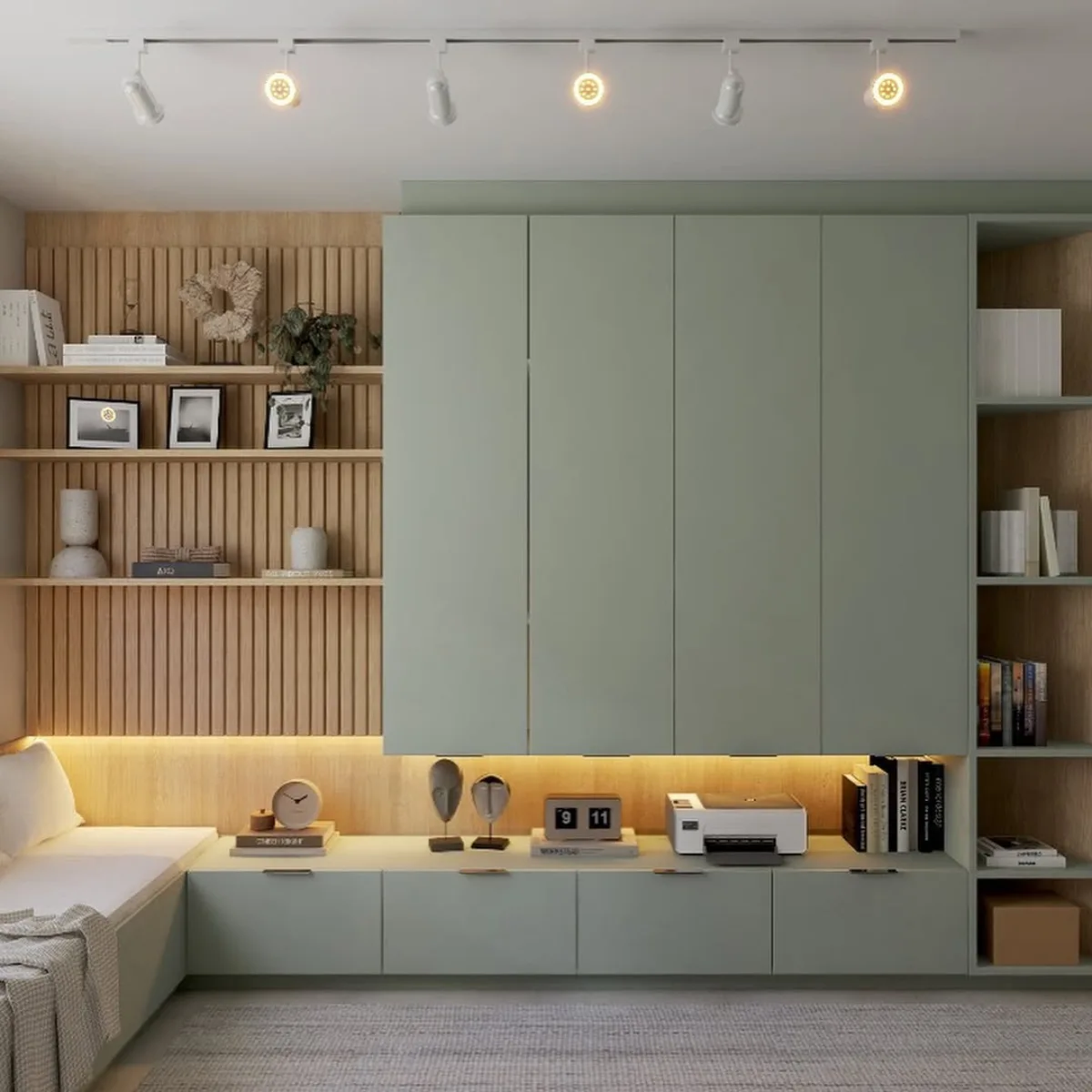 Lemari penyimpanan besar warna hijau sage di ruang kerja dengan laci bawah, area printer, rak buku terbuka kayu, dan sudut daybed.
