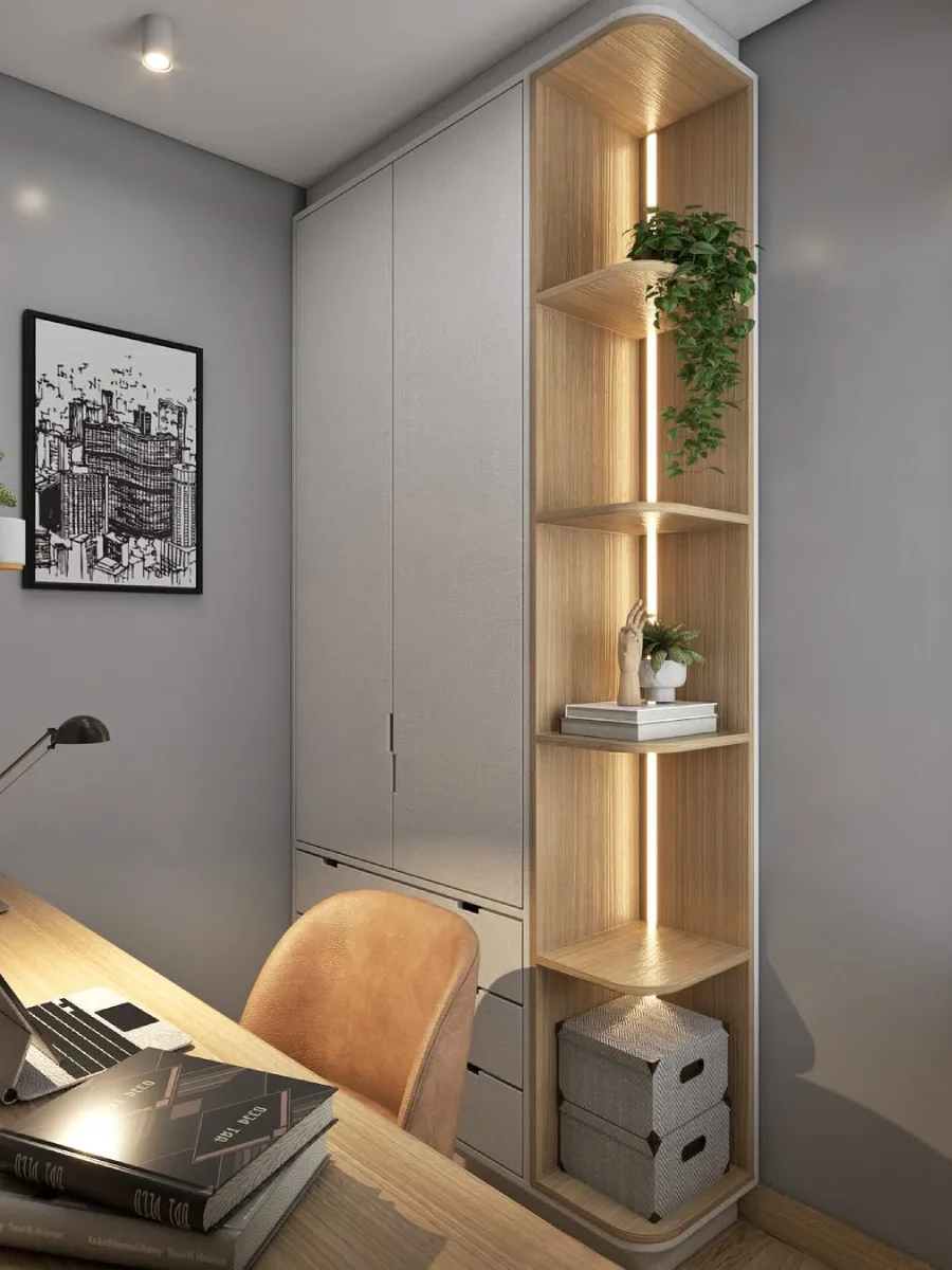 Sudut pandangan yang memfokuskan kabinet penyimpanan kelabu tertutup dan rak kayu menegak bercahaya berserta kotak simpanan di bawahnya.