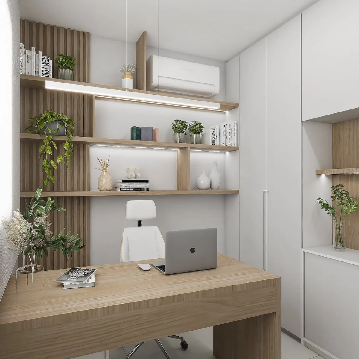 Sudut ruang kerja dengan panel dinding kayu bergaris, meja kayu, kerusi kerja berwarna putih, komputer riba, dan rak dinding terbuka berserta pendingin hawa.
