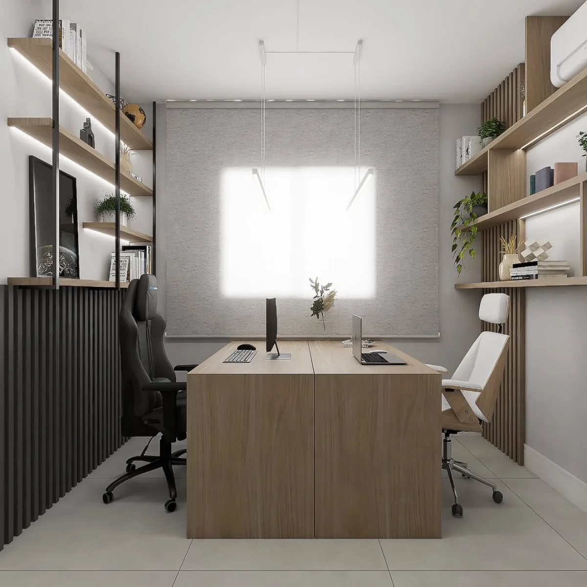 Pandangan keseluruhan ruang kerja berkongsi untuk dua orang yang menunjukkan dua meja digabungkan di tengah ruangan, satu kerusi gaming hitam, dan satu kerusi kerja putih saling berhadapan.