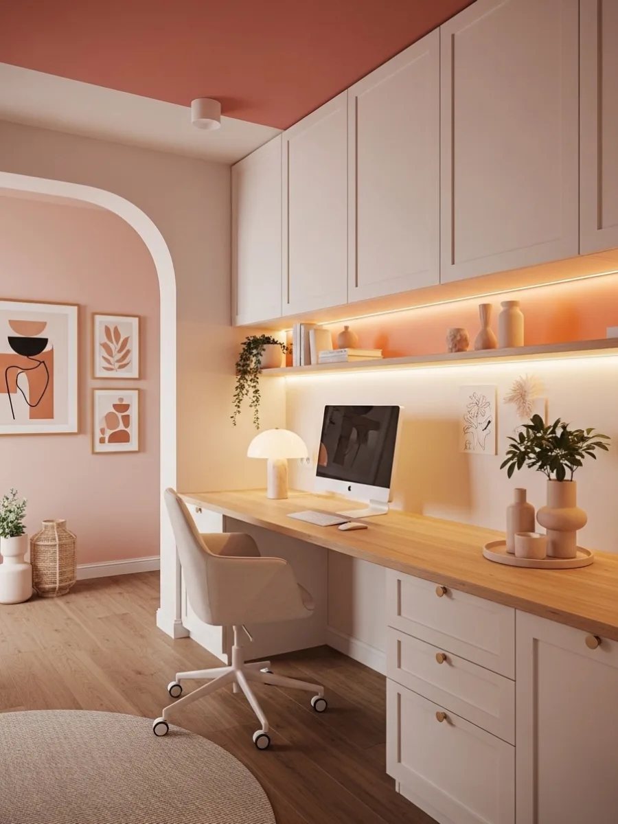 Desain meja kerja estetik dengan lengkungan pintu (arch), meja kayu terang, kursi putih, dan aksen warna dinding peach yang soft dan hangat.