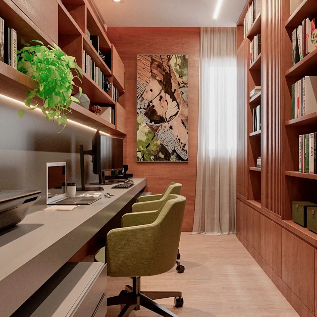 Pandangan sisi ruang kerja memanjang bernuansa kayu, memaparkan rak buku tinggi dari lantai ke siling di sebelah kanan, dan meja panjang di kiri dengan latar belakang lukisan abstrak besar berdekatan tingkap berlangsir nipis.